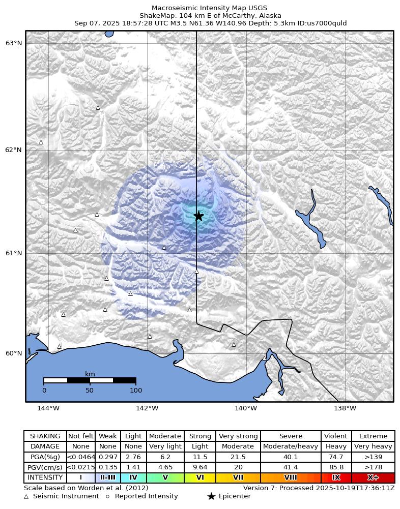 USGS ShakeMap intensity contours for the M3.5 earthquake near 104 km E of McCarthy, Alaska