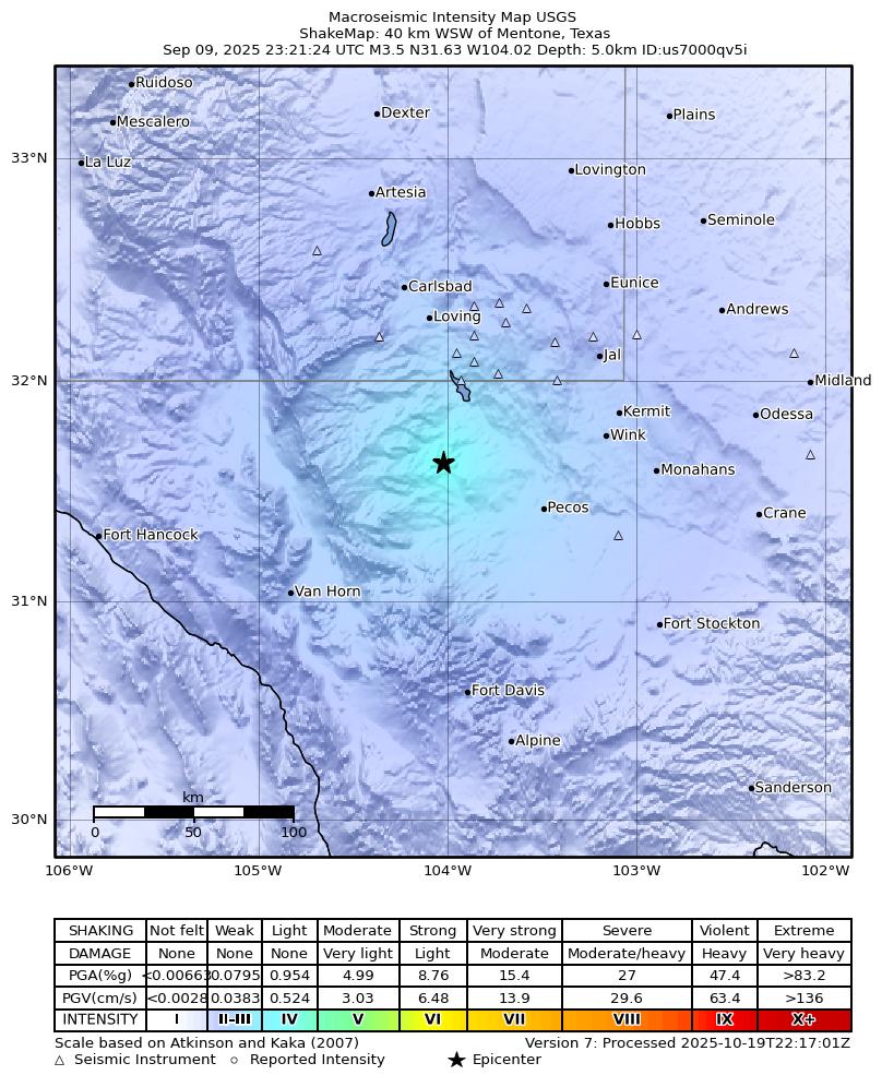 USGS ShakeMap intensity contours for the M3.7 earthquake near 40 km WSW of Mentone, Texas