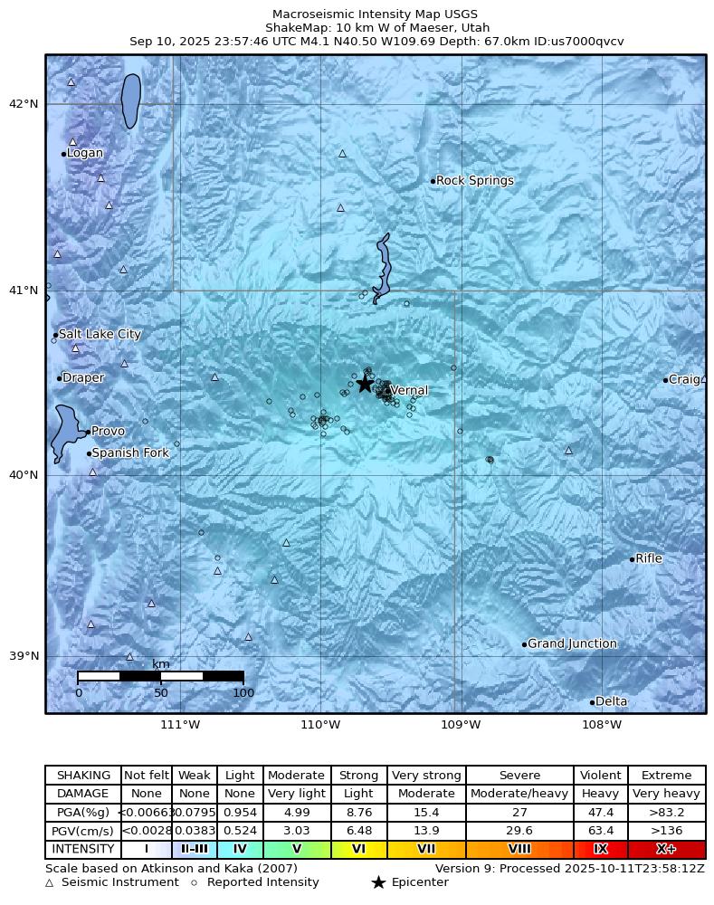 USGS ShakeMap intensity contours for the M4.1 earthquake near 10 km W of Maeser, Utah