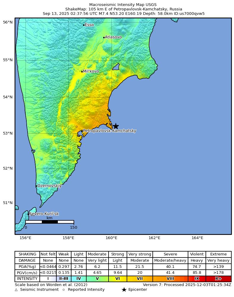 USGS ShakeMap intensity contours for the M7.4 earthquake near 105 km E of Petropavlovsk-Kamchatsky, Russia