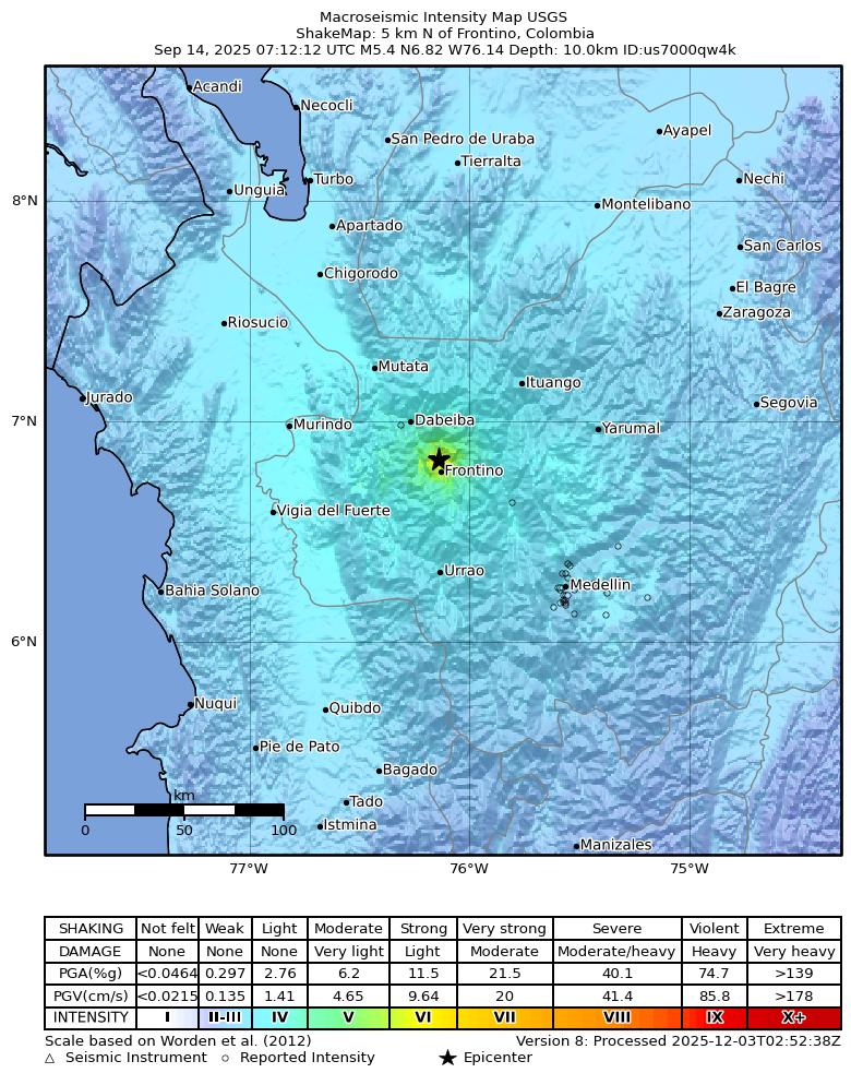 USGS ShakeMap intensity contours for the M5.4 earthquake near 5 km N of Frontino, Colombia