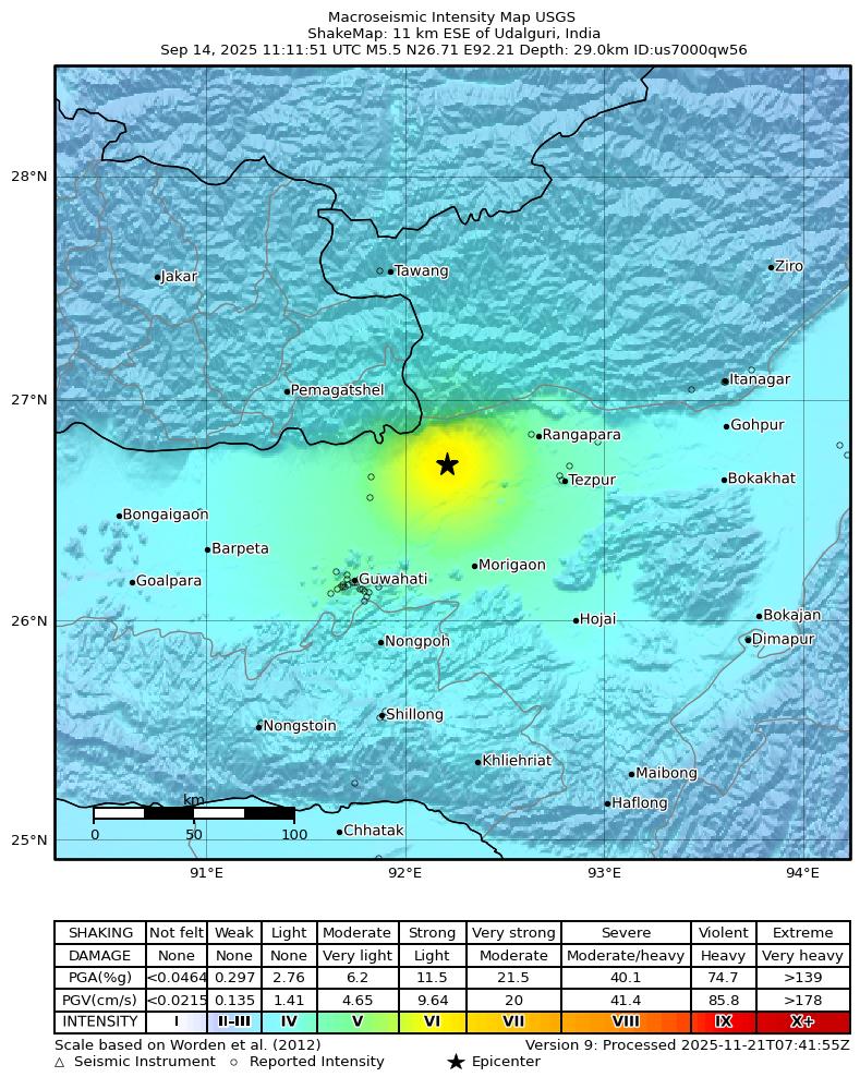 USGS ShakeMap intensity contours for the M5.5 earthquake near 11 km ESE of Udalguri, India