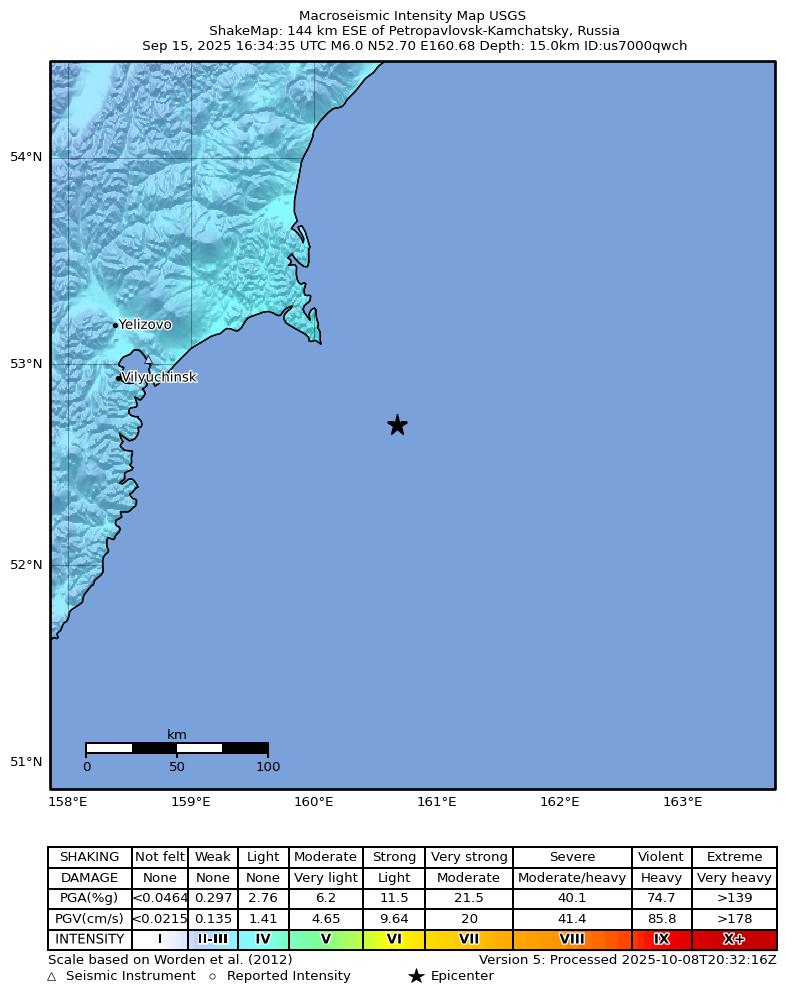 USGS ShakeMap intensity contours for the M6.0 earthquake near 144 km ESE of Petropavlovsk-Kamchatsky, Russia