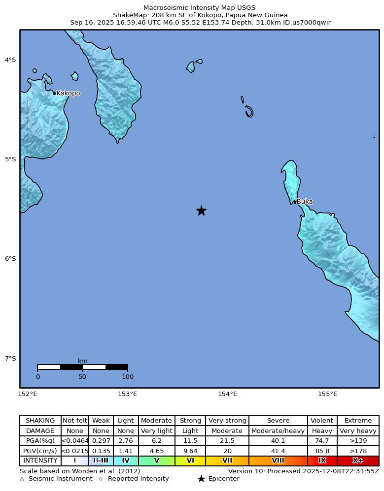 USGS ShakeMap intensity contours for the M6.0 earthquake near 208 km SE of Kokopo, Papua New Guinea