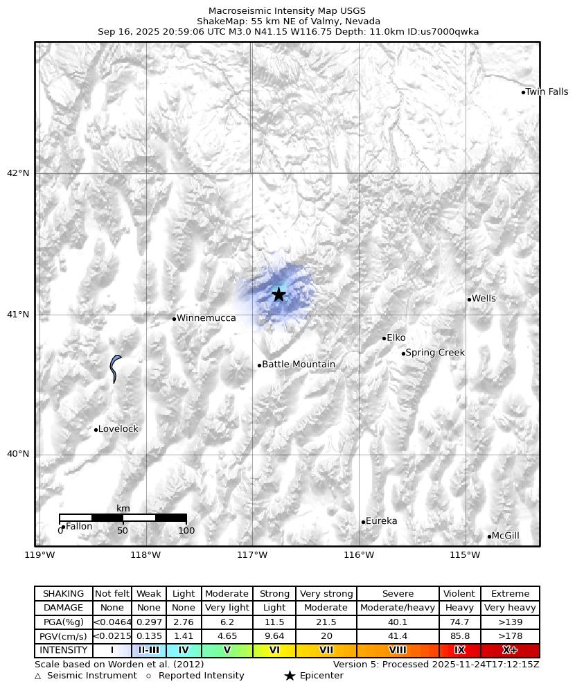 USGS ShakeMap intensity contours for the M3.0 earthquake near 55 km NE of Valmy, Nevada