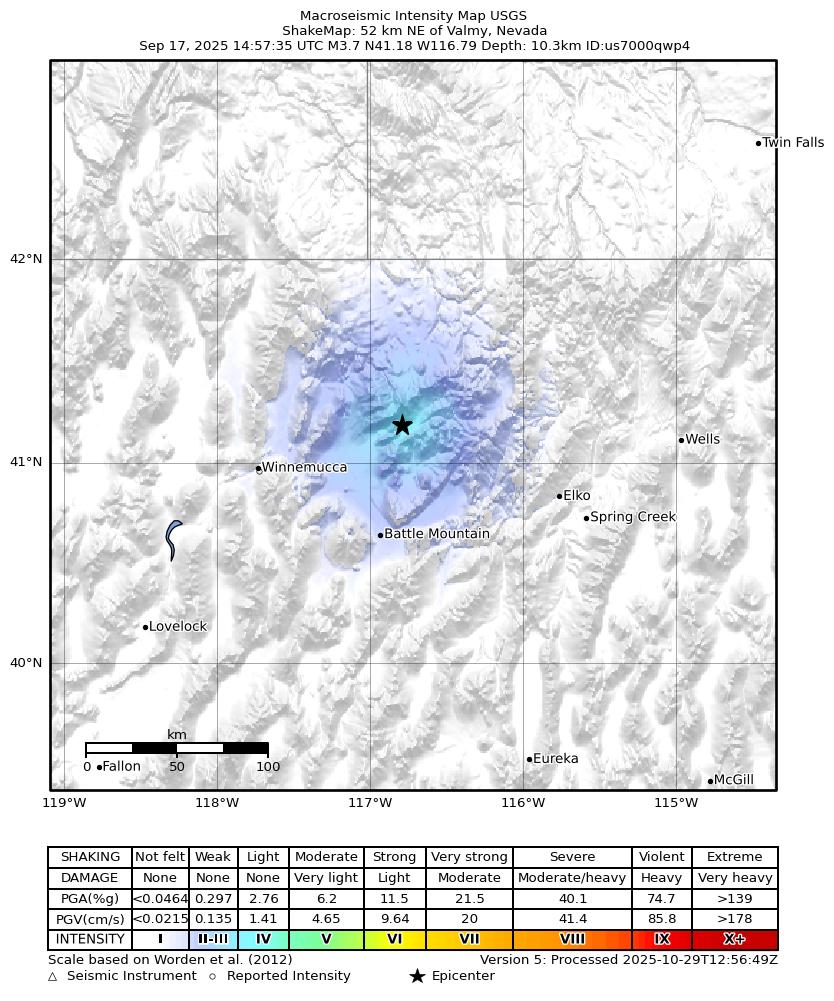 USGS ShakeMap intensity contours for the M3.7 earthquake near 52 km NE of Valmy, Nevada