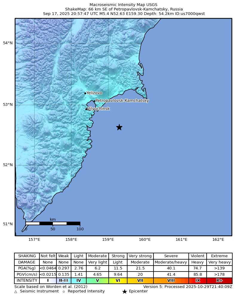 USGS ShakeMap intensity contours for the M5.4 earthquake near 66 km SE of Petropavlovsk-Kamchatsky, Russia