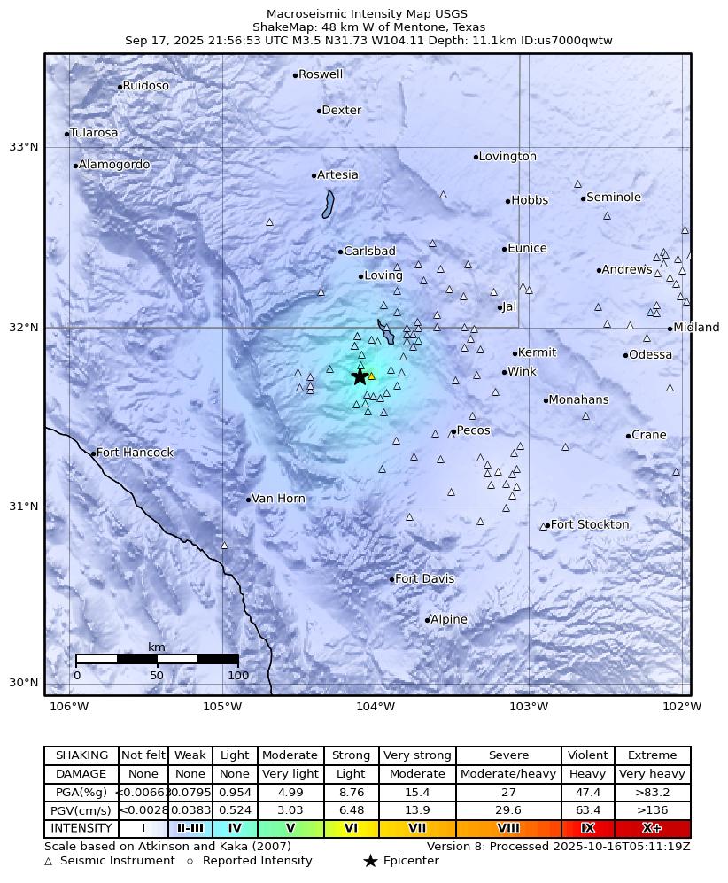 USGS ShakeMap intensity contours for the M3.6 earthquake near 48 km W of Mentone, Texas