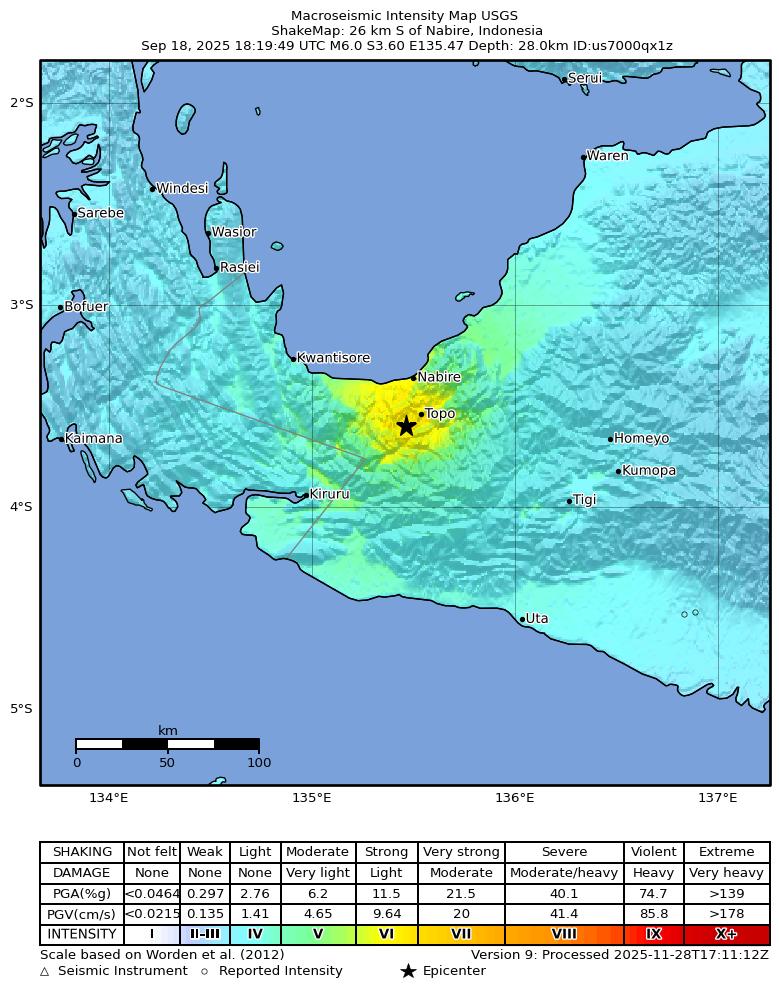 USGS ShakeMap intensity contours for the M6.0 earthquake near 26 km S of Nabire, Indonesia