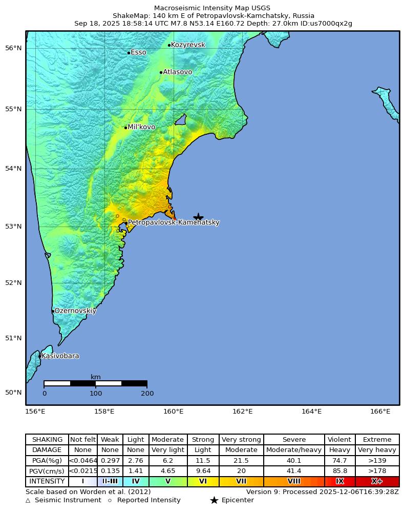 USGS ShakeMap intensity contours for the M7.8 earthquake near 140 km E of Petropavlovsk-Kamchatsky, Russia