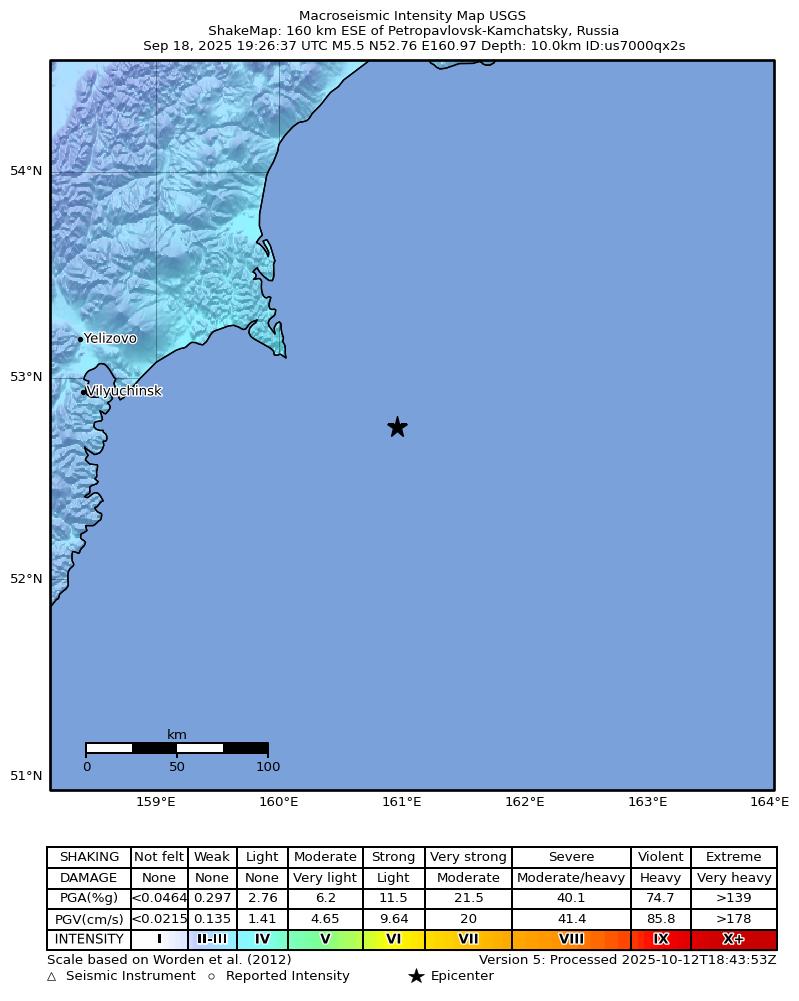 USGS ShakeMap intensity contours for the M5.5 earthquake near 160 km ESE of Petropavlovsk-Kamchatsky, Russia