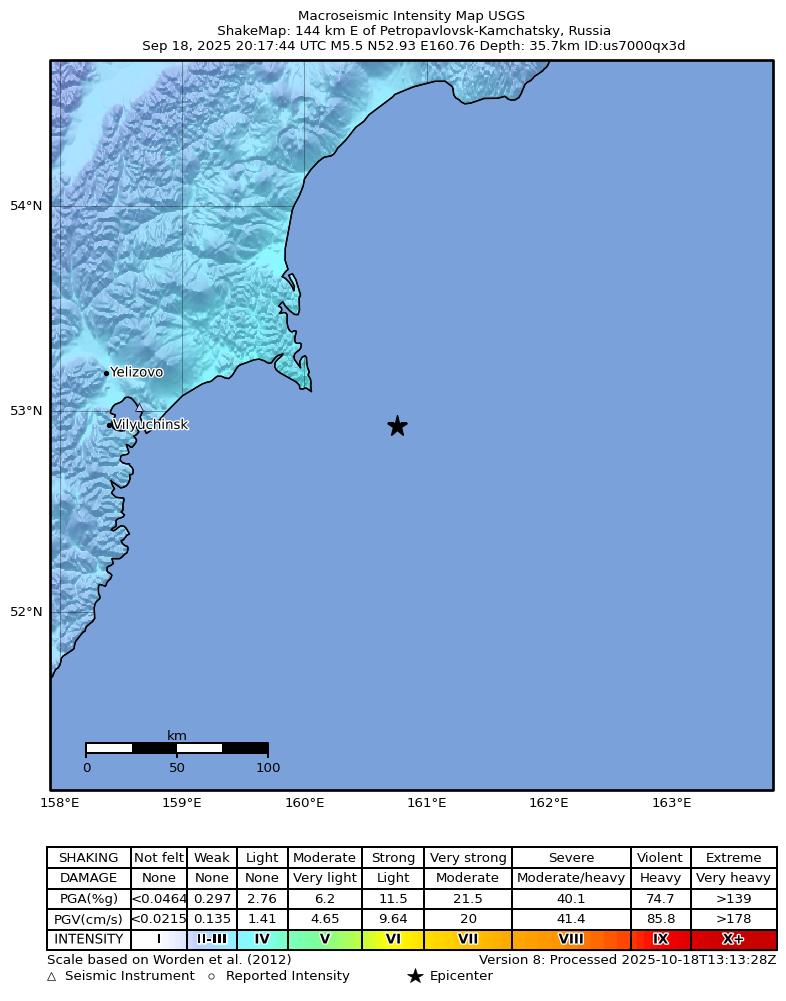 USGS ShakeMap intensity contours for the M5.5 earthquake near 144 km E of Petropavlovsk-Kamchatsky, Russia