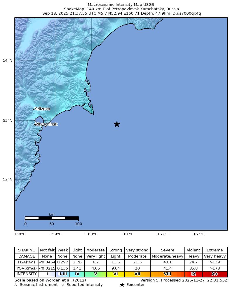 USGS ShakeMap intensity contours for the M5.7 earthquake near 140 km E of Petropavlovsk-Kamchatsky, Russia