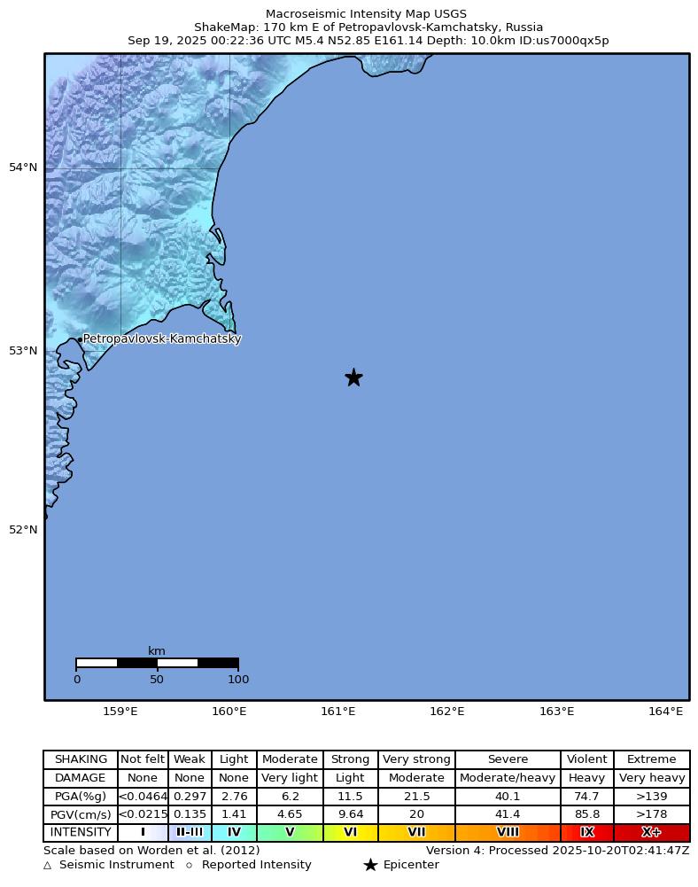 USGS ShakeMap intensity contours for the M5.4 earthquake near 170 km E of Petropavlovsk-Kamchatsky, Russia