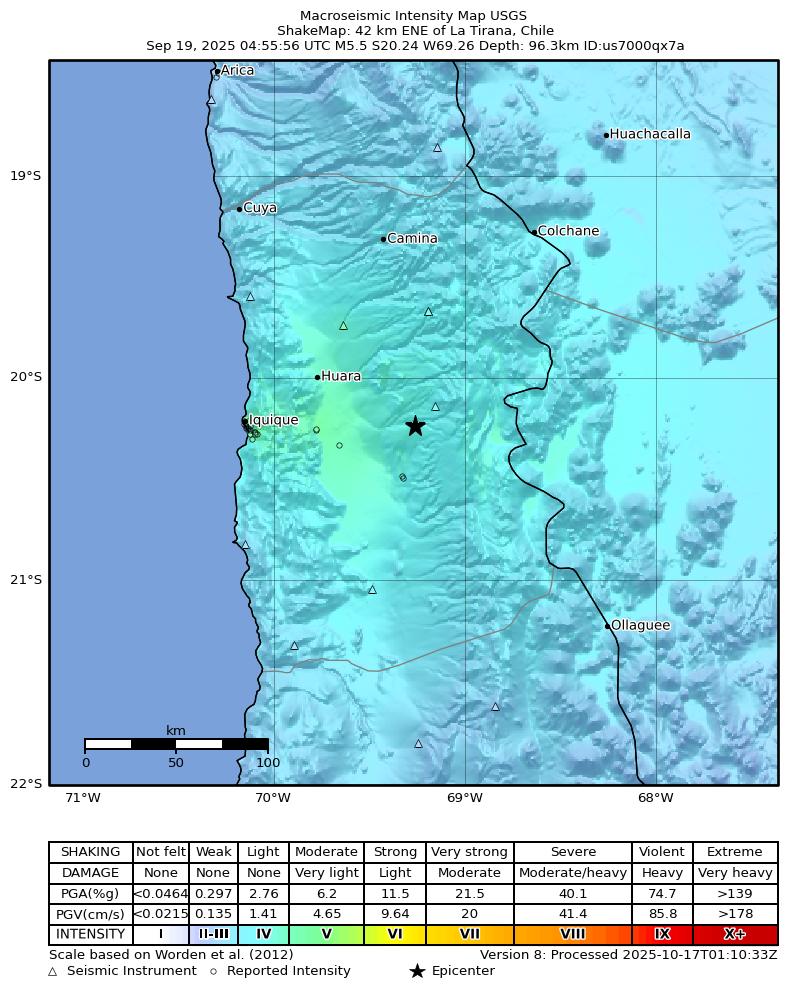 USGS ShakeMap intensity contours for the M5.5 earthquake near 42 km ENE of La Tirana, Chile