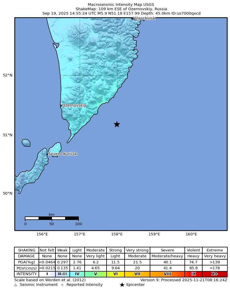 USGS ShakeMap intensity contours for the M5.9 earthquake near 109 km ESE of Ozernovskiy, Russia