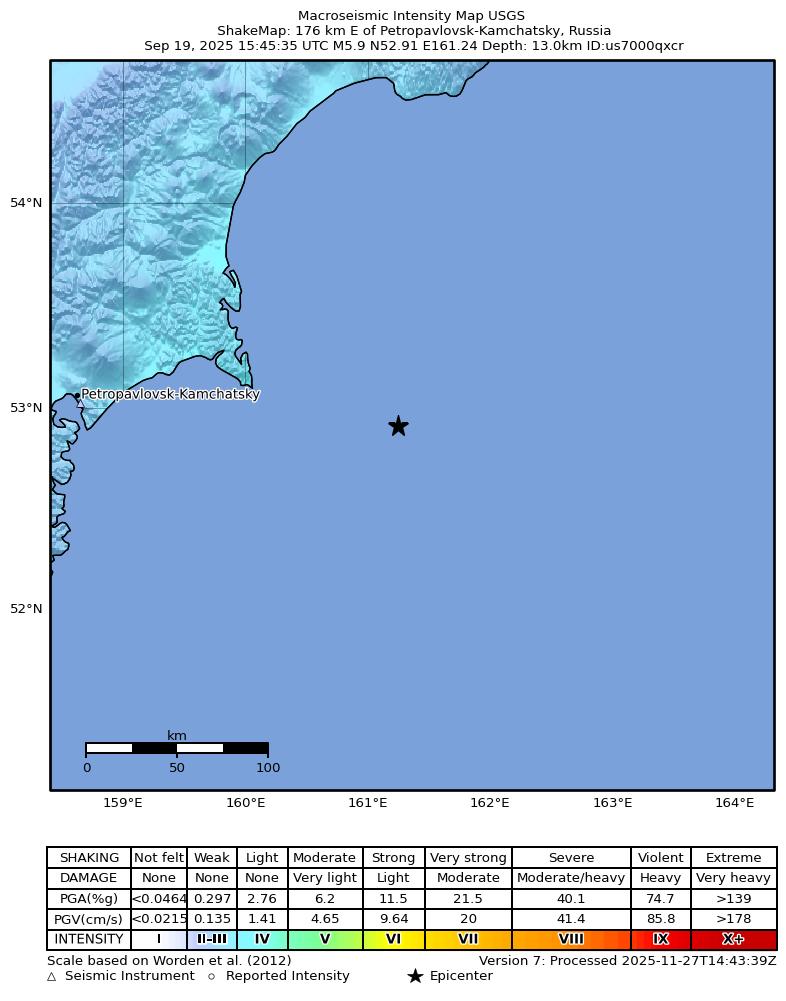 USGS ShakeMap intensity contours for the M5.9 earthquake near 176 km E of Petropavlovsk-Kamchatsky, Russia