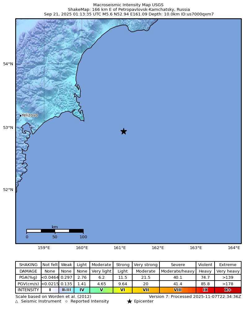 USGS ShakeMap intensity contours for the M5.6 earthquake near 166 km E of Petropavlovsk-Kamchatsky, Russia
