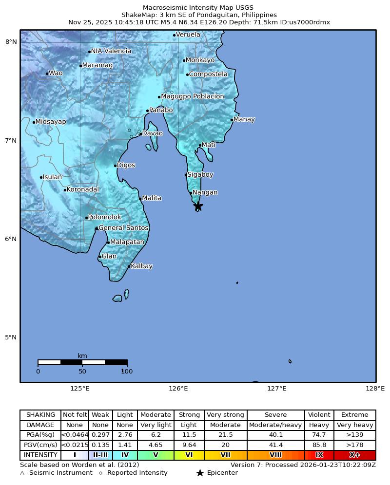 USGS ShakeMap intensity contours for the M5.4 earthquake near 3 km SE of Pondaguitan, Philippines