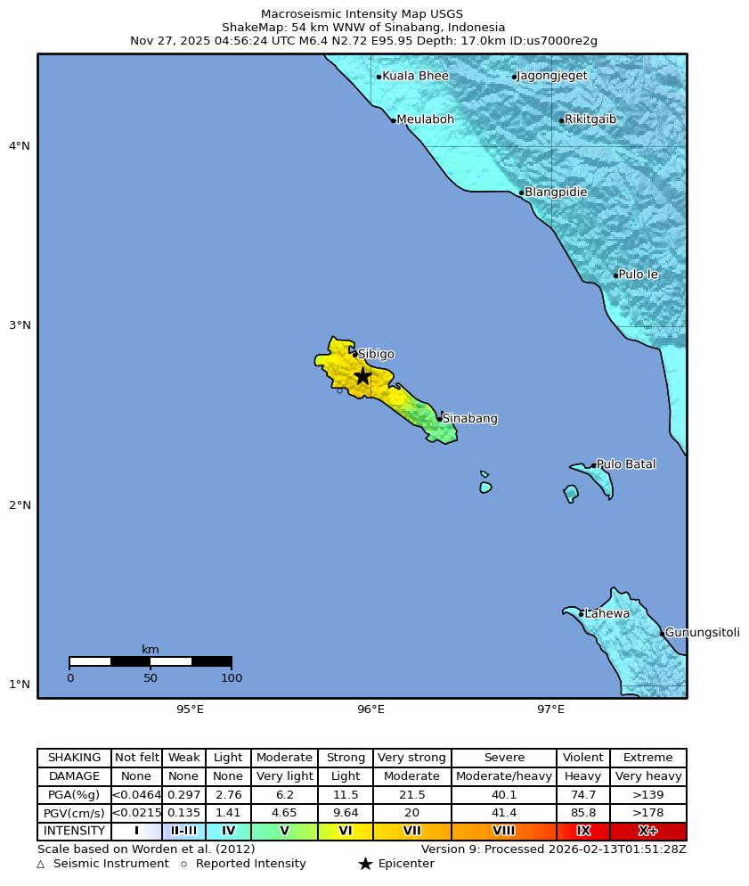 USGS ShakeMap intensity contours for the M6.4 earthquake near 54 km WNW of Sinabang, Indonesia
