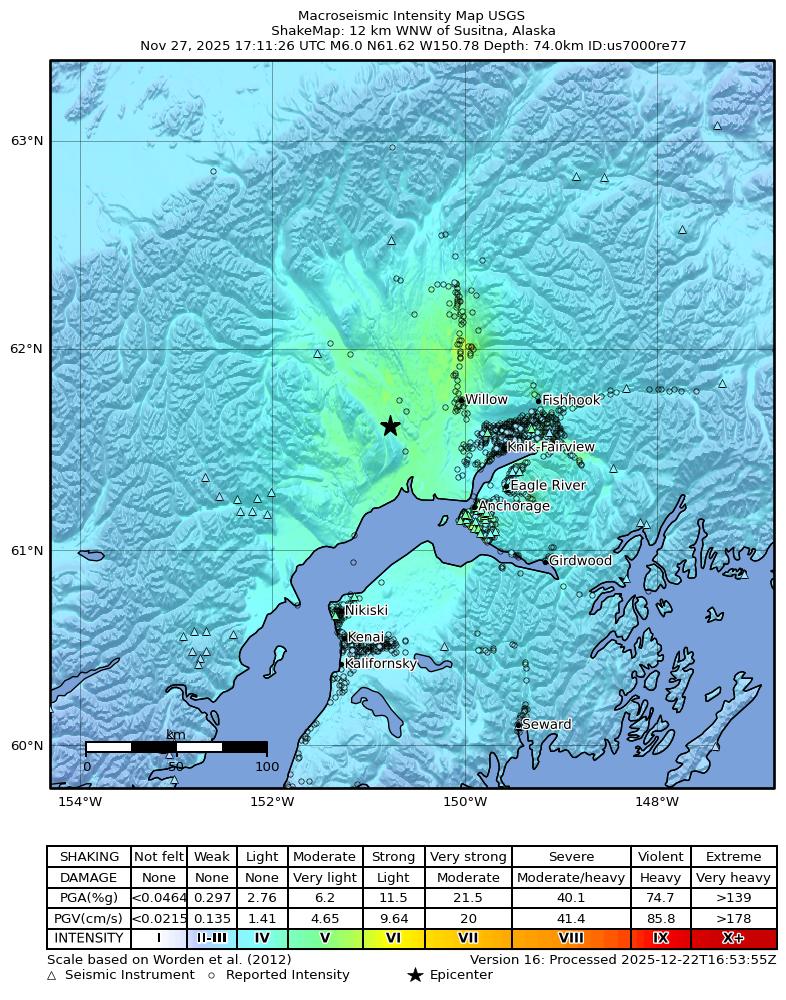 USGS ShakeMap intensity contours for the M6.0 earthquake near 12 km WNW of Susitna, Alaska