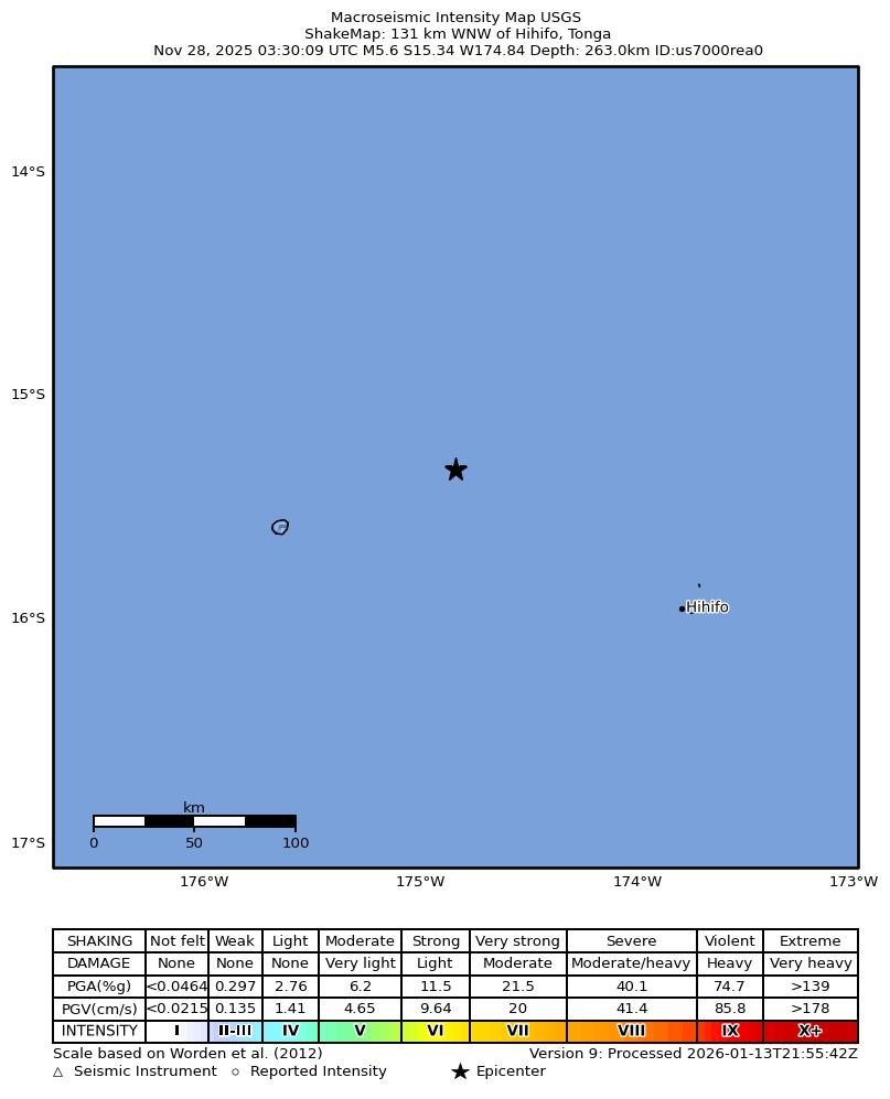 USGS ShakeMap intensity contours for the M5.6 earthquake near 131 km WNW of Hihifo, Tonga