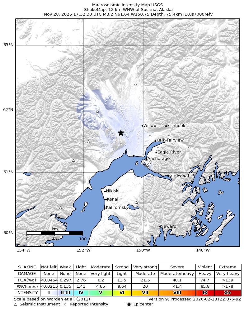 USGS ShakeMap intensity contours for the M3.2 earthquake near 12 km WNW of Susitna, Alaska