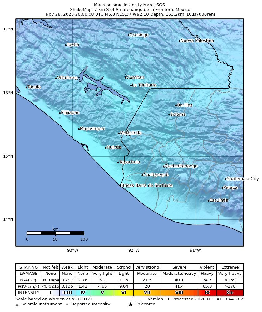 USGS ShakeMap intensity contours for the M5.8 earthquake near 7 km S of Amatenango de la Frontera, Mexico