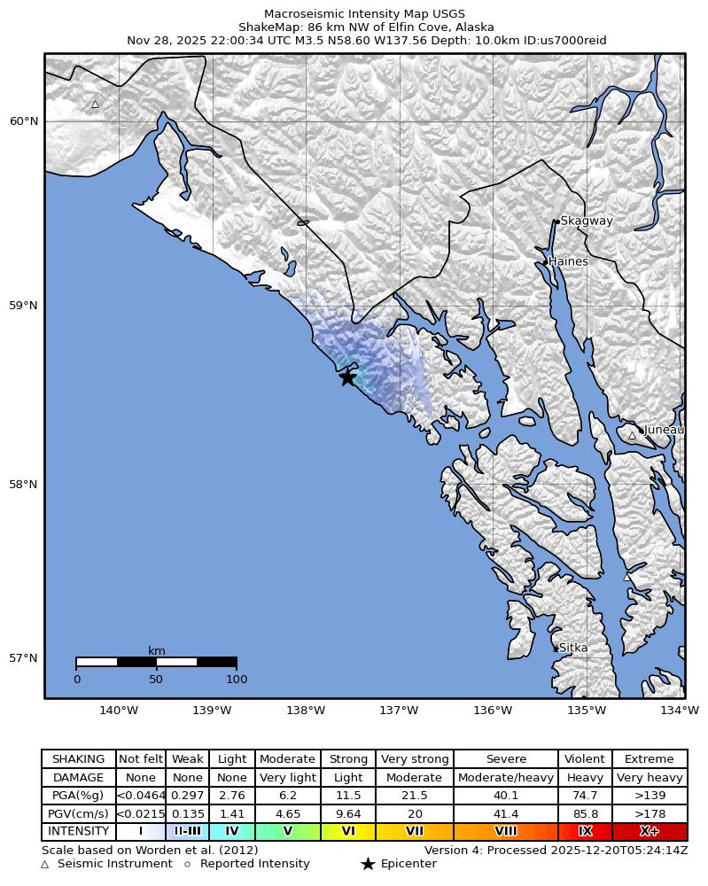 USGS ShakeMap intensity contours for the M3.6 earthquake near 86 km NW of Elfin Cove, Alaska