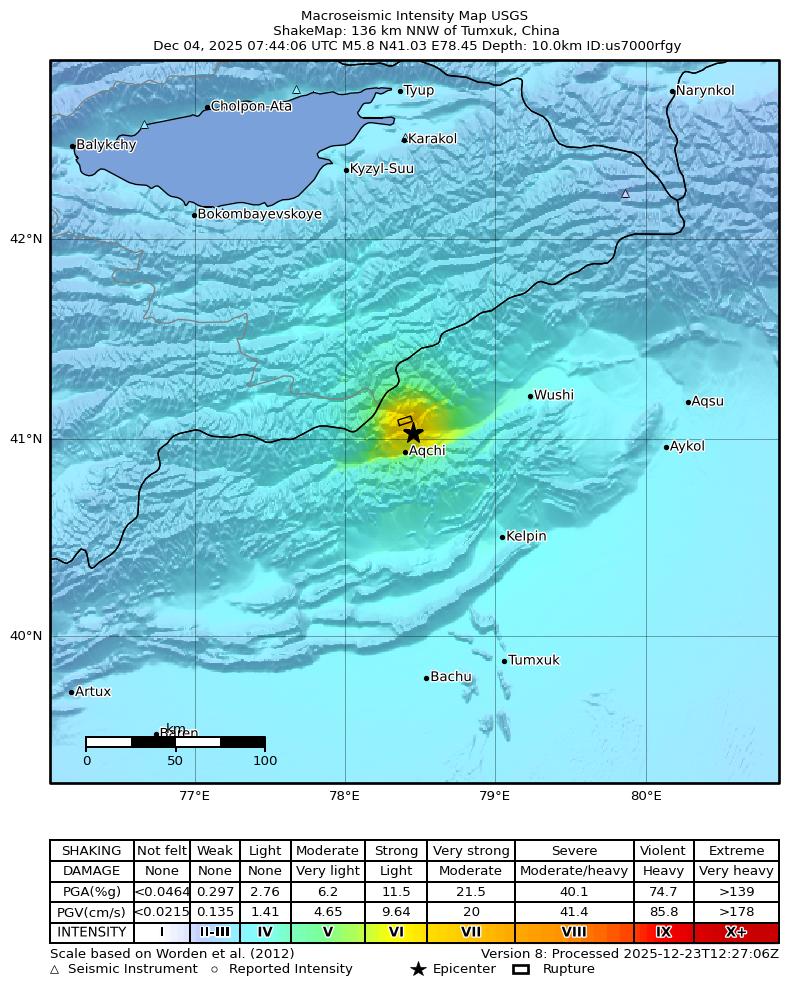 USGS ShakeMap intensity contours for the M5.8 earthquake near 136 km NNW of Tumxuk, China