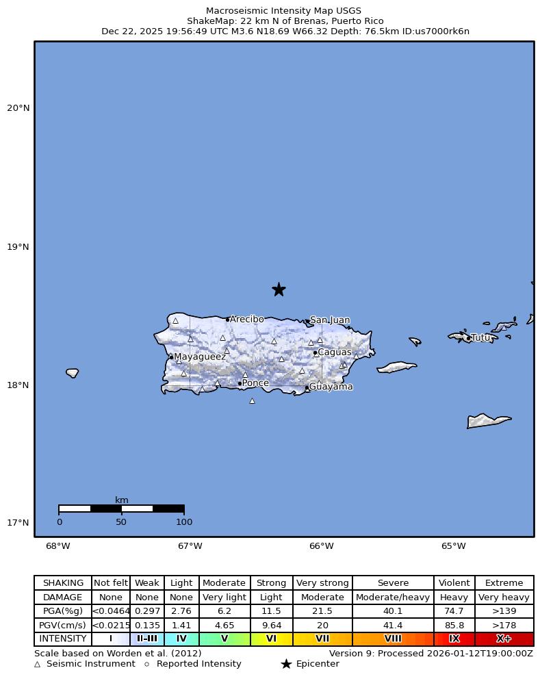 USGS ShakeMap intensity contours for the M3.5 earthquake near 22 km N of Brenas, Puerto Rico