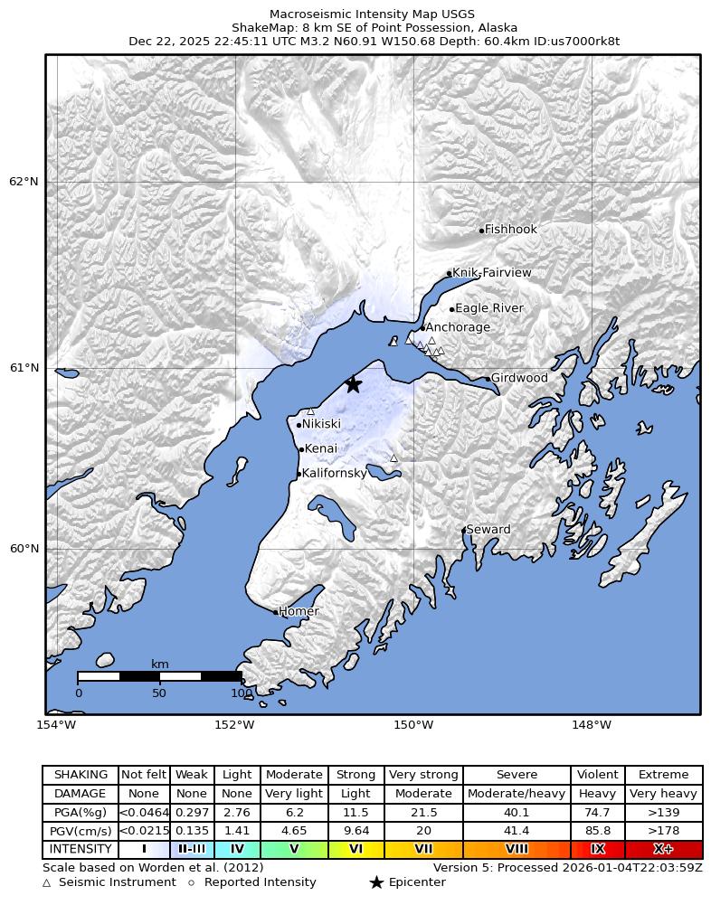 USGS ShakeMap intensity contours for the M3.2 earthquake near 5 km ESE of Point Possession, Alaska