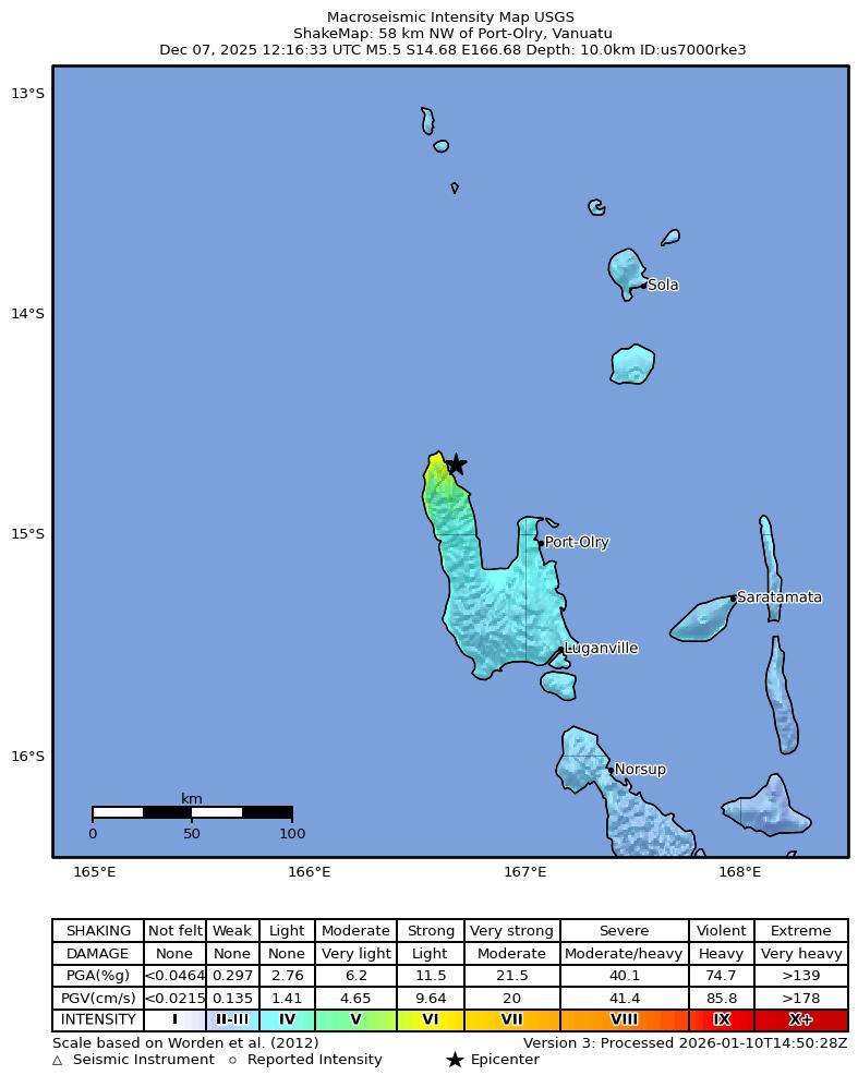 USGS ShakeMap intensity contours for the M5.5 earthquake near 58 km NW of Port-Olry, Vanuatu