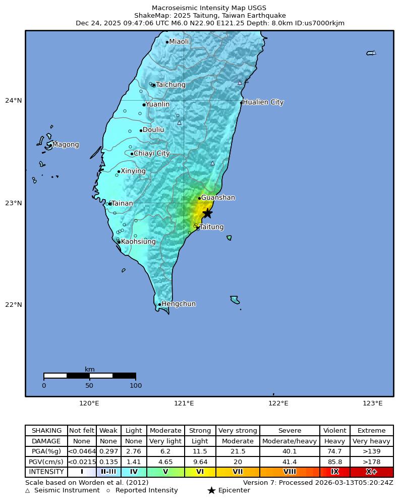 USGS ShakeMap intensity contours for the M6.0 earthquake near 2025 Taitung, Taiwan Earthquake