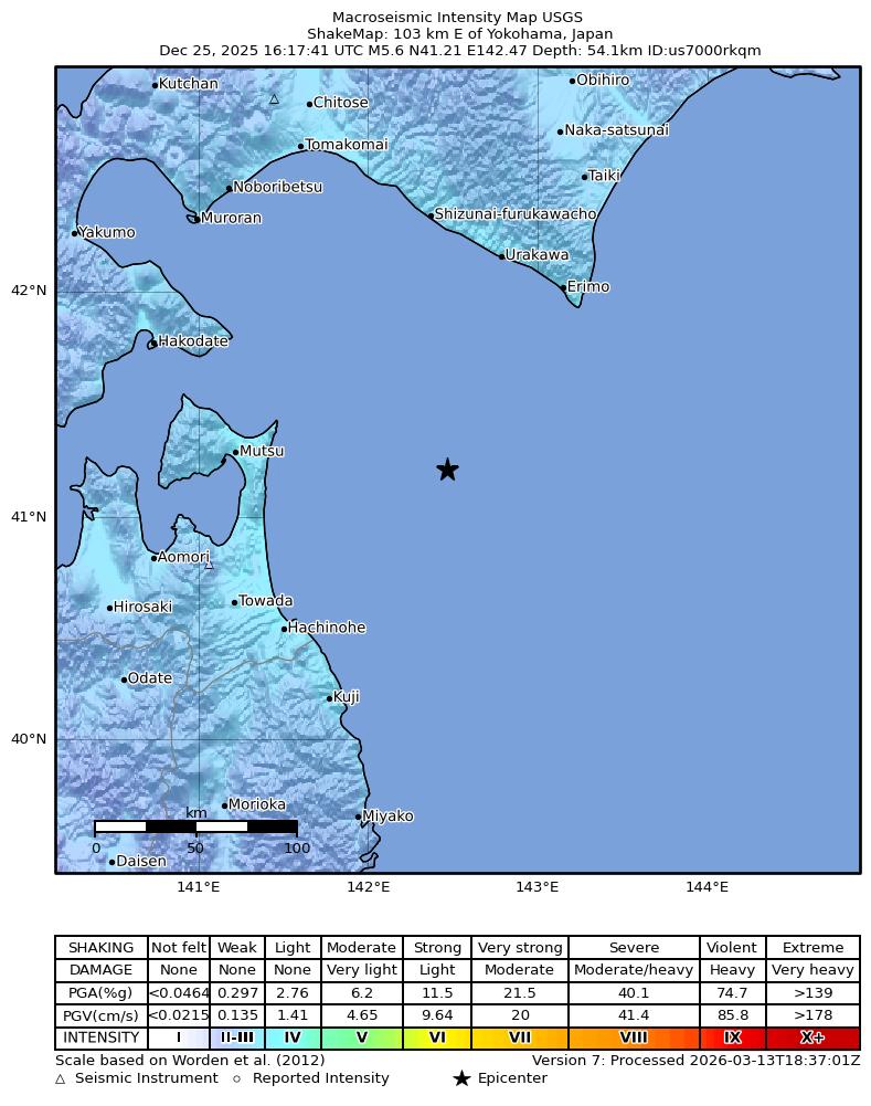 USGS ShakeMap intensity contours for the M5.6 earthquake near 103 km E of Yokohama, Japan