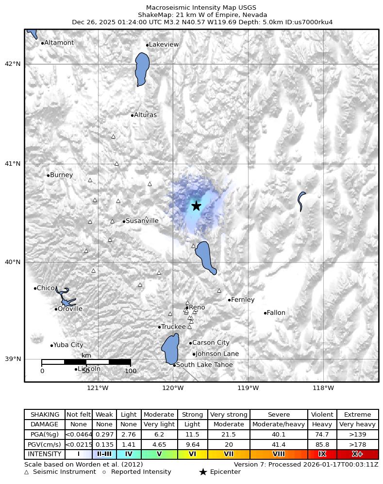 USGS ShakeMap: estimated shaking intensity around the epicenter