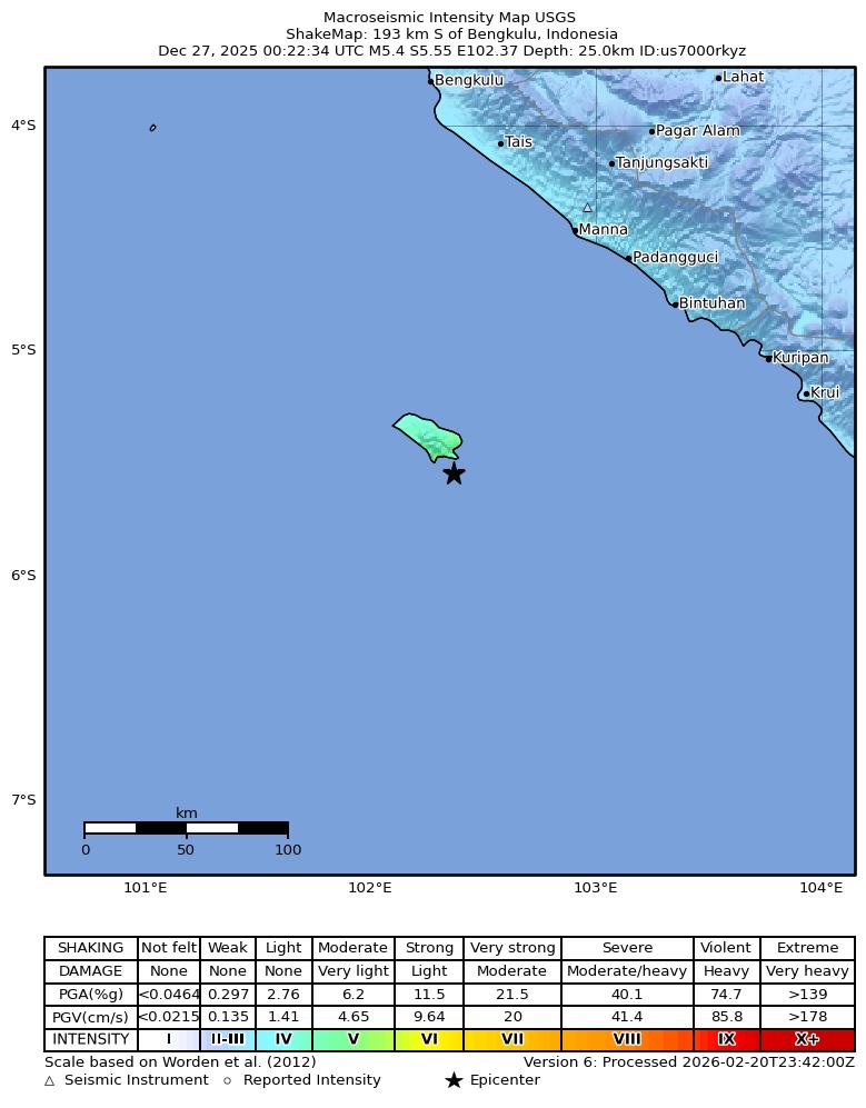 USGS ShakeMap intensity contours for the M5.4 earthquake near 193 km S of Bengkulu, Indonesia
