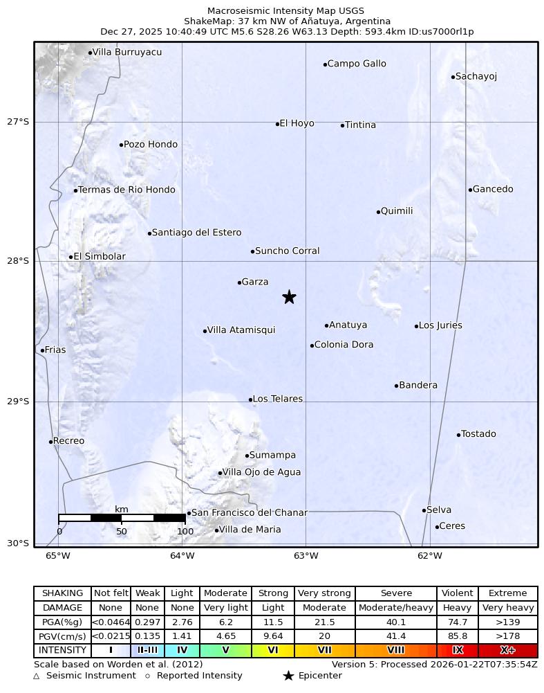 USGS ShakeMap intensity contours for the M5.6 earthquake near 37 km NW of Añatuya, Argentina
