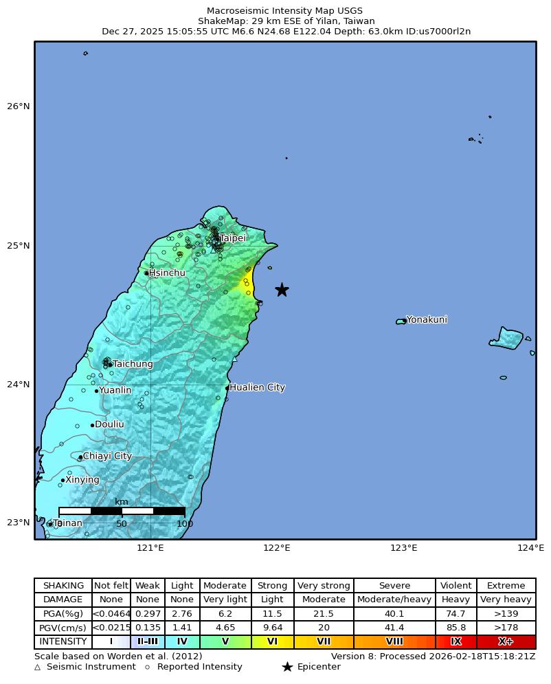 USGS ShakeMap intensity contours for the M6.6 earthquake near 29 km ESE of Yilan, Taiwan
