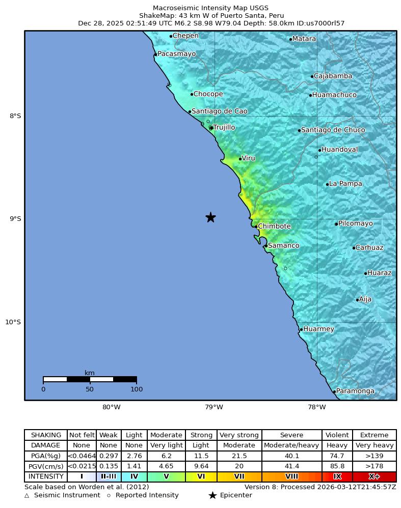 USGS ShakeMap intensity contours for the M6.2 earthquake near 43 km W of Puerto Santa, Peru