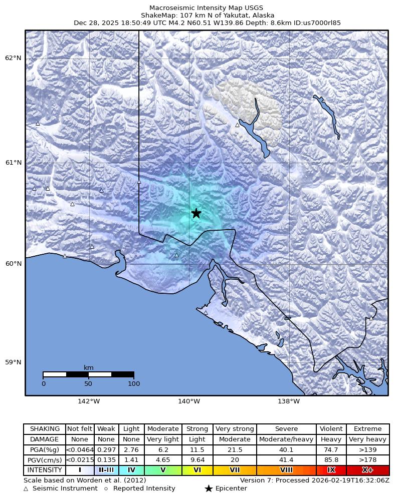 USGS ShakeMap intensity contours for the M4.2 earthquake near 107 km N of Yakutat, Alaska