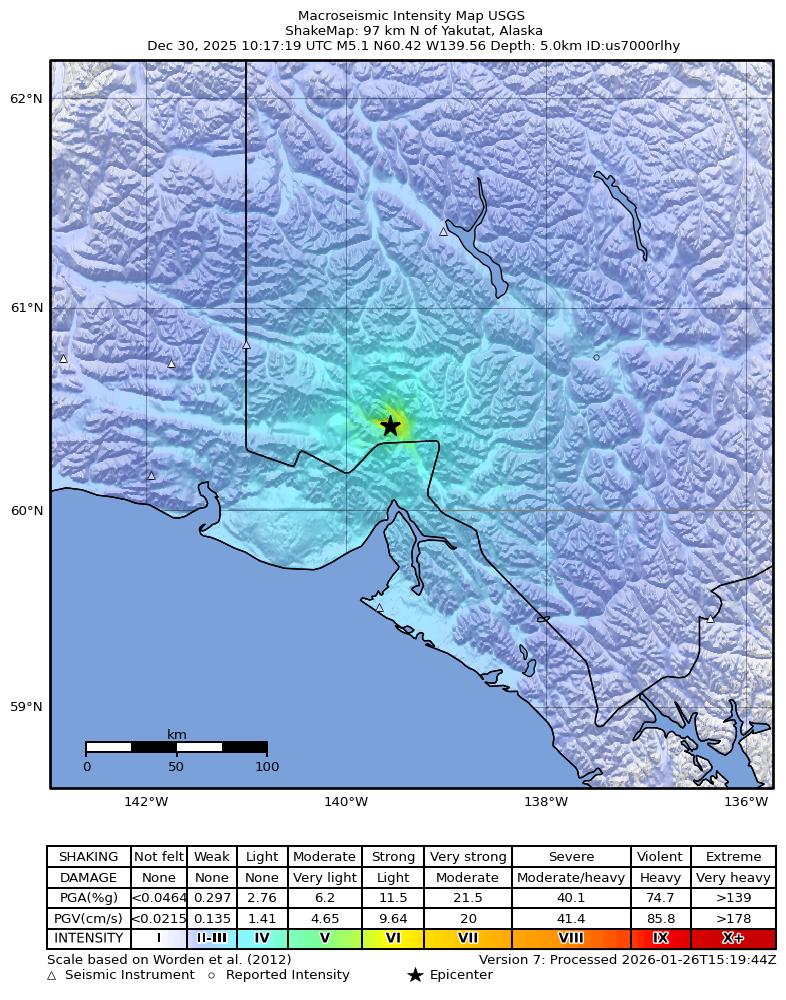 USGS ShakeMap intensity contours for the M5.1 earthquake near 97 km N of Yakutat, Alaska