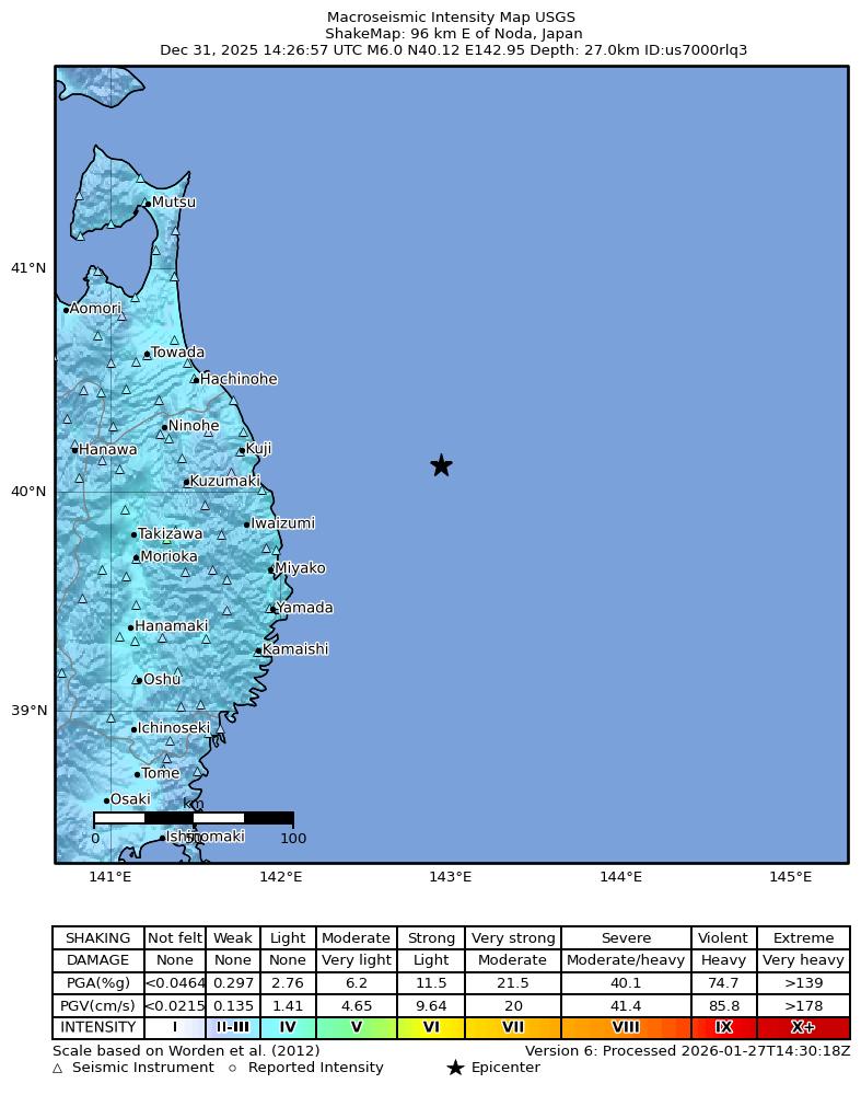 USGS ShakeMap intensity contours for the M6.0 earthquake near 96 km E of Noda, Japan