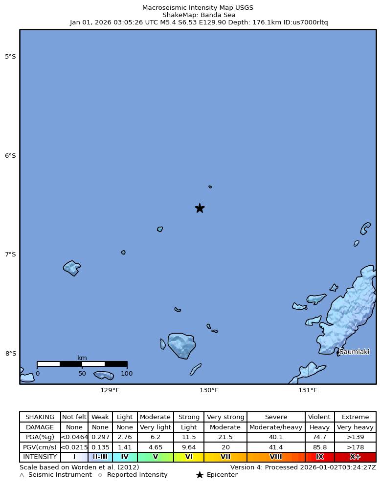 USGS ShakeMap intensity contours for the M5.0 earthquake near Banda Sea