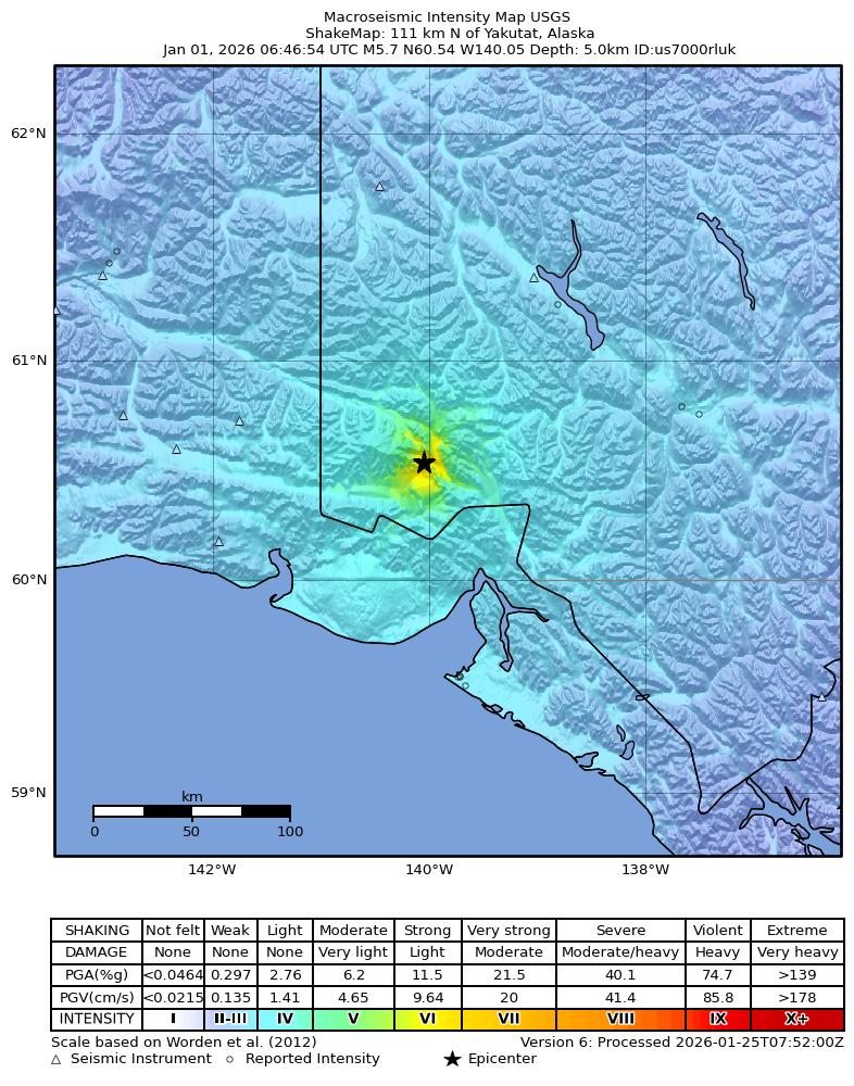 USGS ShakeMap intensity contours for the M5.7 earthquake near 111 km N of Yakutat, Alaska