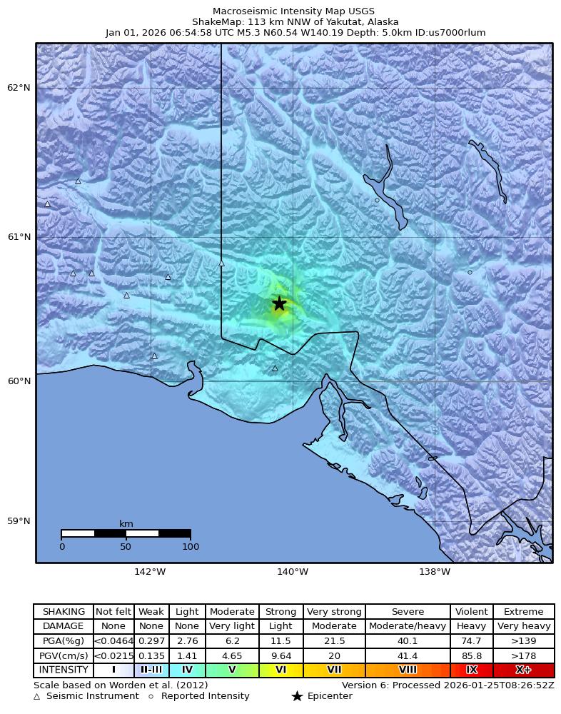 USGS ShakeMap intensity contours for the M5.3 earthquake near 113 km NNW of Yakutat, Alaska