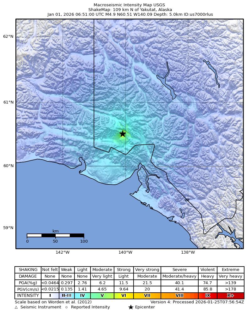 USGS ShakeMap intensity contours for the M4.9 earthquake near 109 km N of Yakutat, Alaska