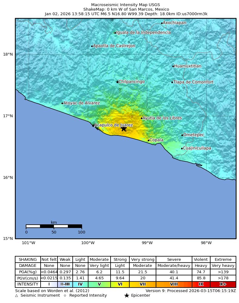 USGS ShakeMap intensity contours for the M6.5 earthquake near 0 km W of San Marcos, Mexico