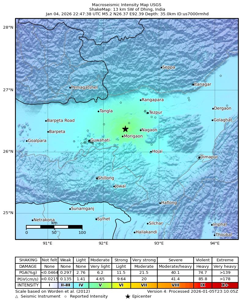 USGS ShakeMap intensity contours for the M5.2 earthquake near 13 km NNE of Morigaon, India