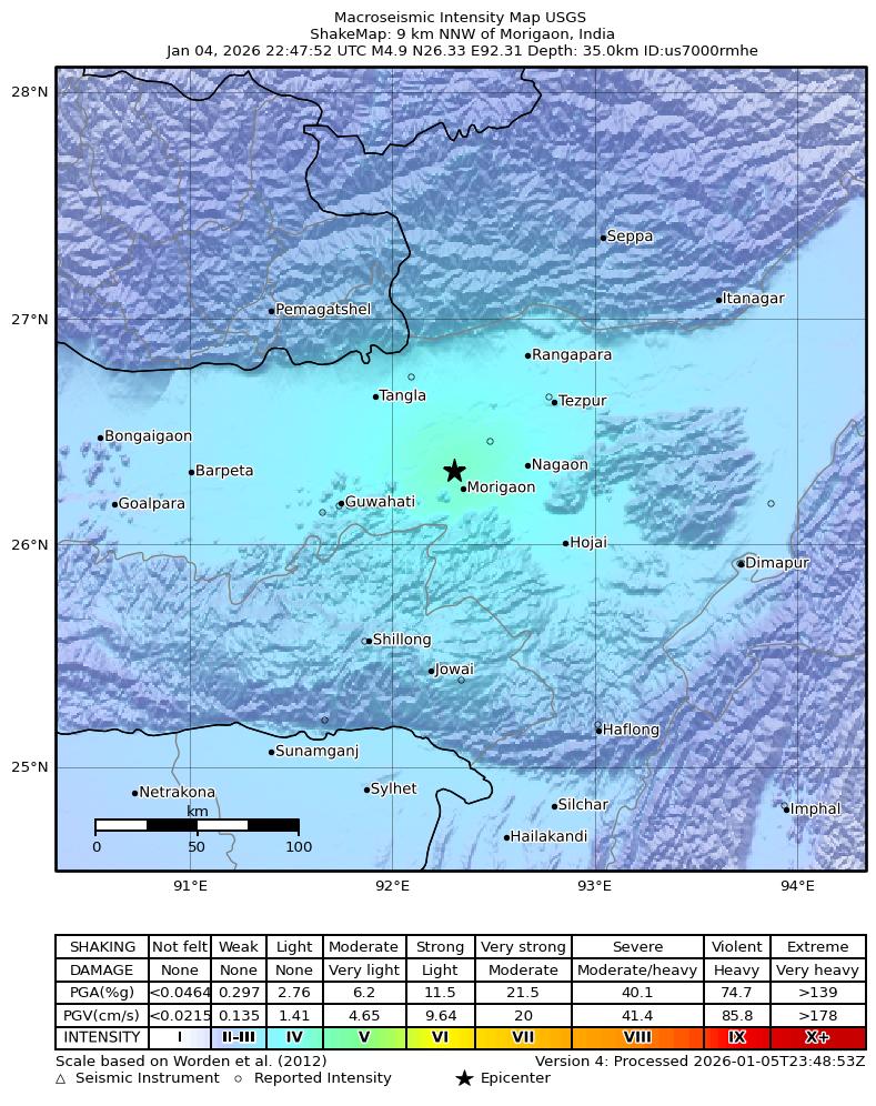 USGS ShakeMap intensity contours for the M4.9 earthquake near 9 km NNW of Morigaon, India